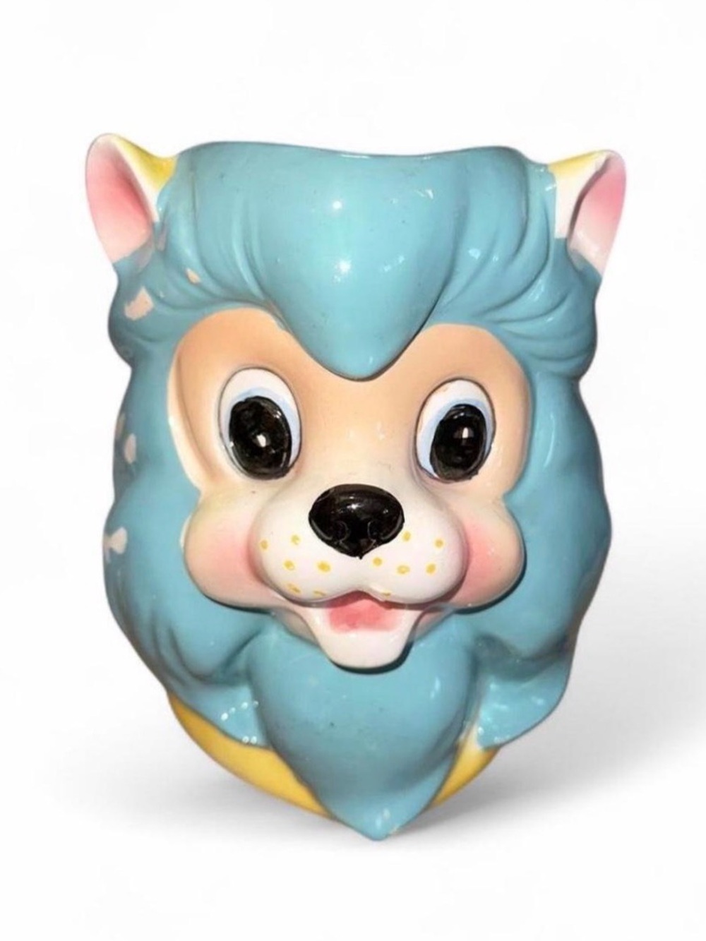 Vintage Ceramic Blue Lion Head Vase - Pastel Animal Planter Kitsch Inarco Japan